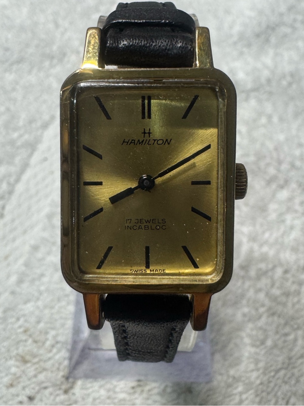 #080 Hamilton Gold-Tone Rectangular Dress Watch with Black Strap